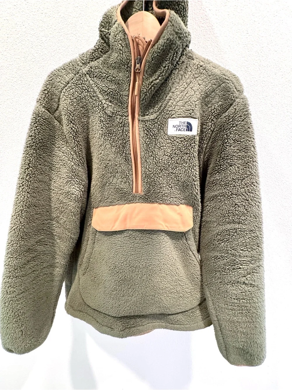 The North Face Men’s Olive Green Sherpa Pullover with Tan Trim